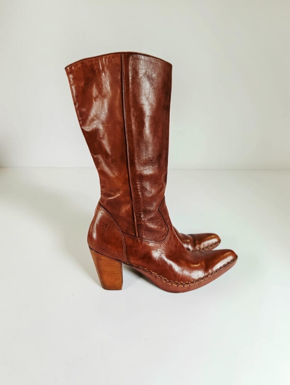 Vintage Frye Phoenix Cognac Brown Leather Stacked Heel Western Cowboy Boots 10 - Picture 4 of 15